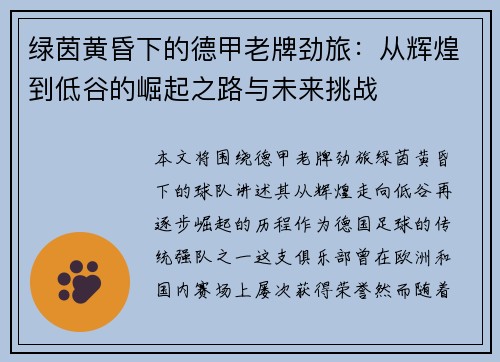 绿茵黄昏下的德甲老牌劲旅：从辉煌到低谷的崛起之路与未来挑战