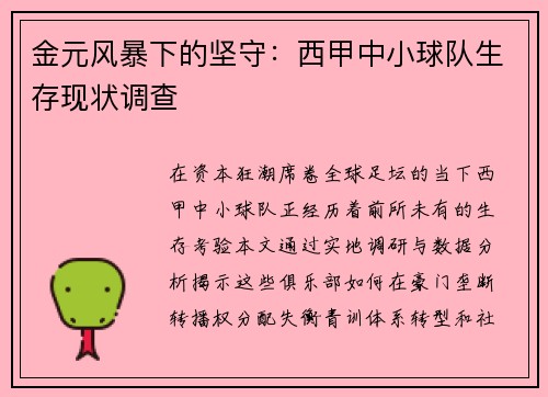 金元风暴下的坚守：西甲中小球队生存现状调查